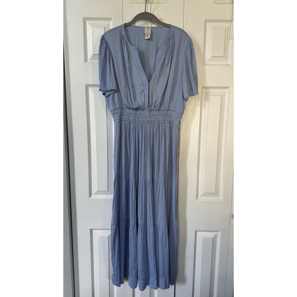Joie Women's Blue Satin Short Sleeve Maxi Full Length Shirred Waist Dress XL
